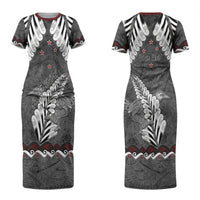 New Zealand Weka Personalised Couples Matching Short Sleeve Bodycon Dress and Long Sleeve Button Shirt Aotearoa Hen Silver Fern Maori Pattern LT22 - Polynesian Pride
