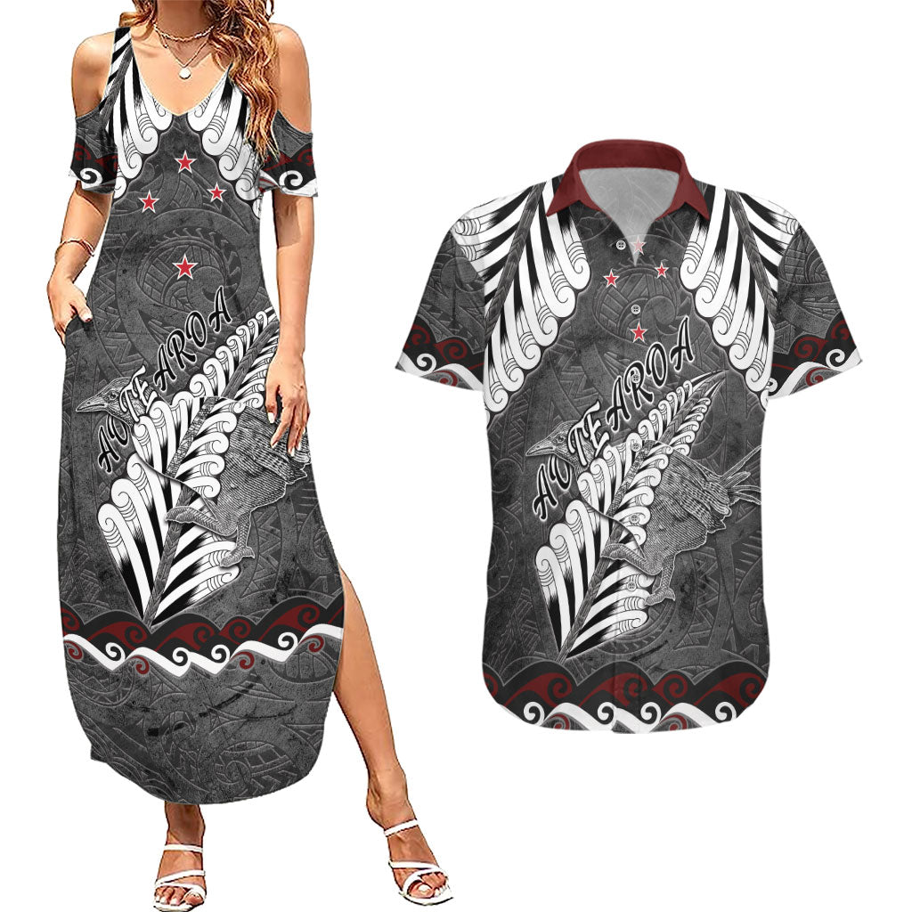 New Zealand Weka Personalised Couples Matching Summer Maxi Dress and Hawaiian Shirt Aotearoa Hen Silver Fern Maori Pattern