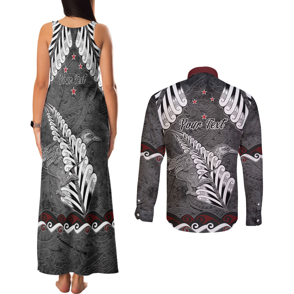 New Zealand Weka Personalised Couples Matching Tank Maxi Dress and Long Sleeve Button Shirt Aotearoa Hen Silver Fern Maori Pattern