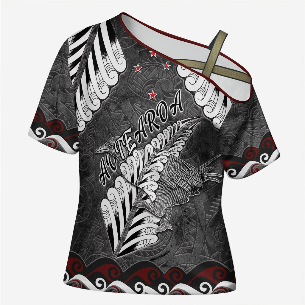 New Zealand Weka Personalised Cross Shoulder Shirt Aotearoa Hen Silver Fern Maori Pattern LT22 Female Black - Polynesian Pride