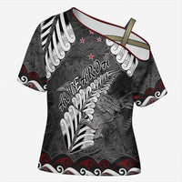 New Zealand Weka Personalised Cross Shoulder Shirt Aotearoa Hen Silver Fern Maori Pattern LT22 Female Black - Polynesian Pride