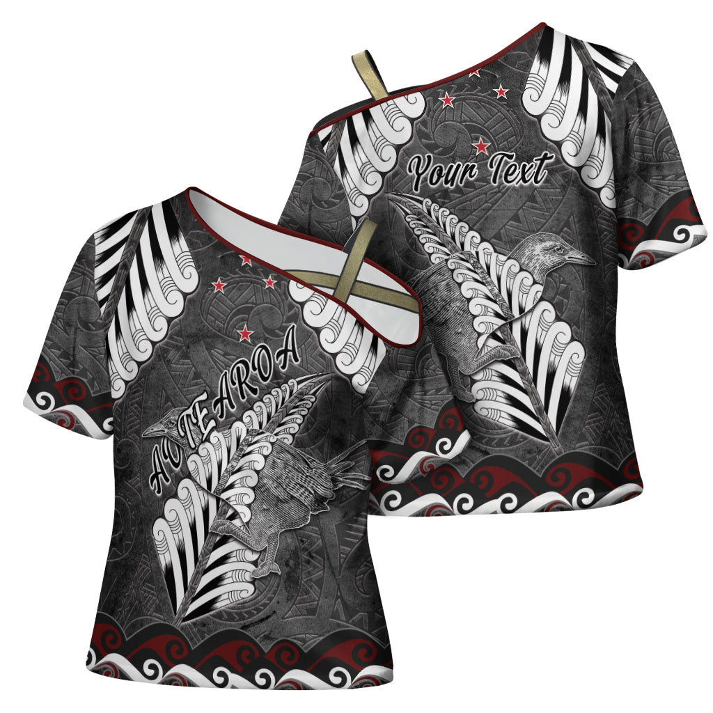New Zealand Weka Personalised Cross Shoulder Shirt Aotearoa Hen Silver Fern Maori Pattern LT22 - Polynesian Pride