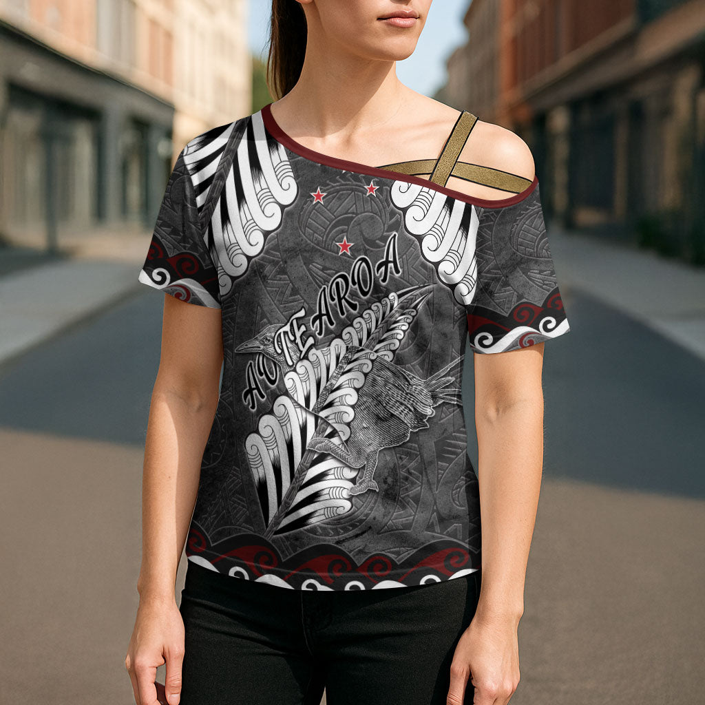 New Zealand Weka Personalised Cross Shoulder Shirt Aotearoa Hen Silver Fern Maori Pattern LT22 - Polynesian Pride
