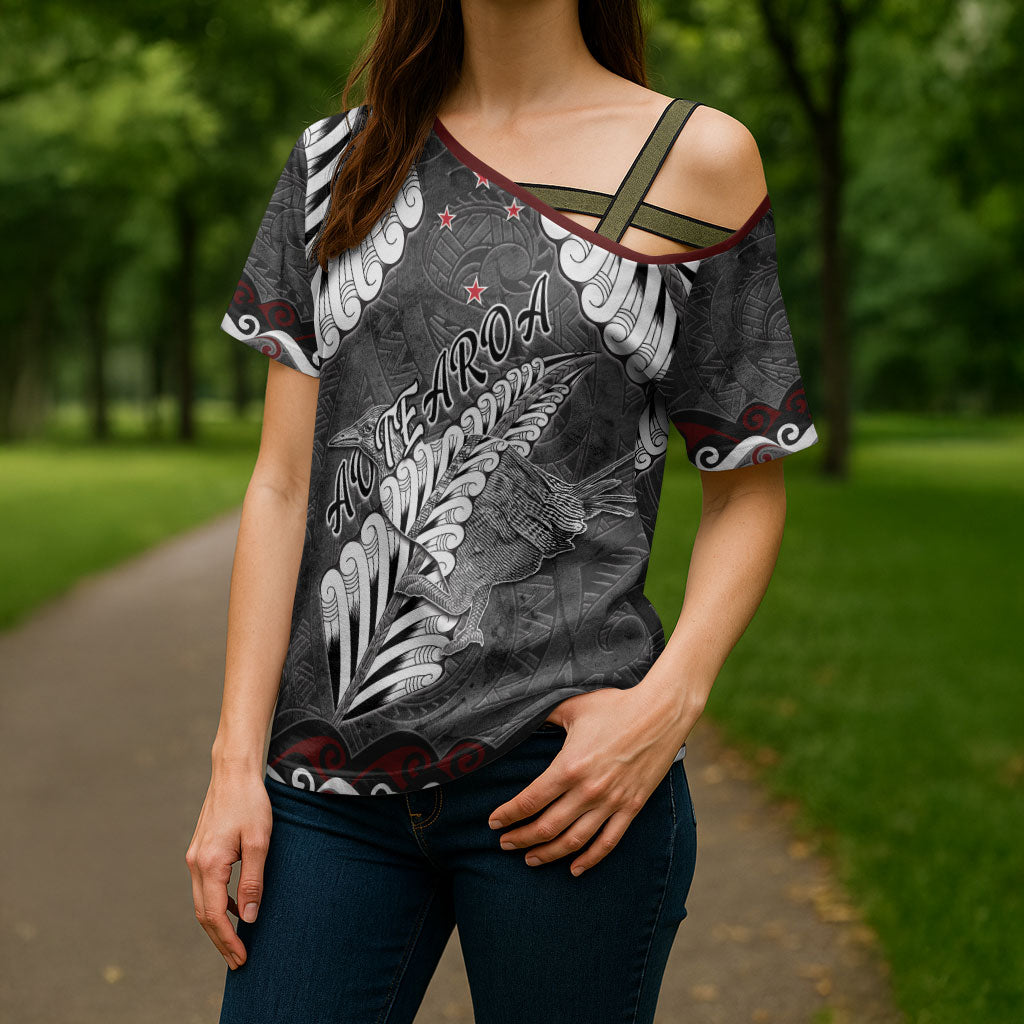 New Zealand Weka Personalised Cross Shoulder Shirt Aotearoa Hen Silver Fern Maori Pattern LT22 - Polynesian Pride