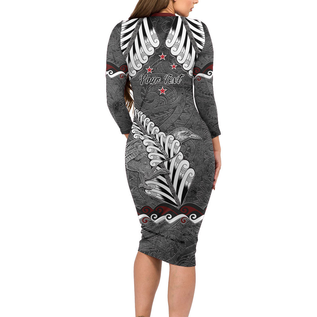 New Zealand Weka Personalised Family Matching Long Sleeve Bodycon Dress and Hawaiian Shirt Aotearoa Hen Silver Fern Maori Pattern