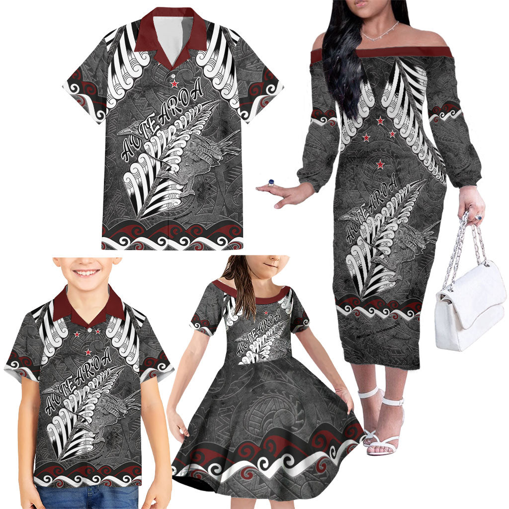 New Zealand Weka Personalised Family Matching Off The Shoulder Long Sleeve Dress and Hawaiian Shirt Aotearoa Hen Silver Fern Maori Pattern
