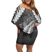 New Zealand Weka Personalised Family Matching Off Shoulder Short Dress and Hawaiian Shirt Aotearoa Hen Silver Fern Maori Pattern