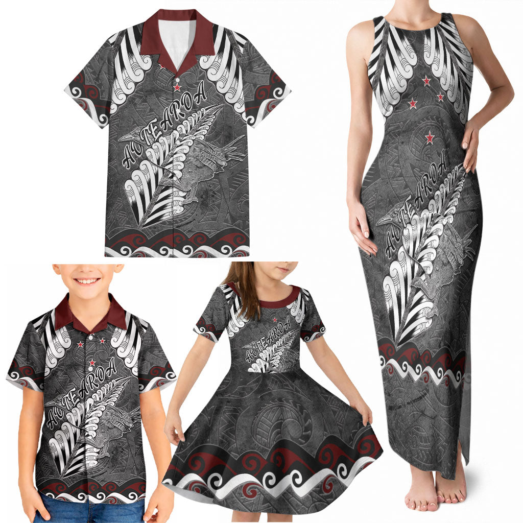 New Zealand Weka Personalised Family Matching Tank Maxi Dress and Hawaiian Shirt Aotearoa Hen Silver Fern Maori Pattern LT22 - Polynesian Pride