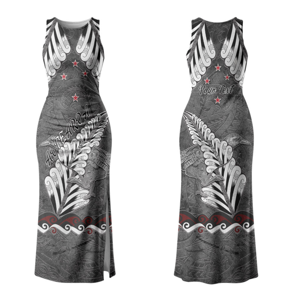 New Zealand Weka Personalised Family Matching Tank Maxi Dress and Hawaiian Shirt Aotearoa Hen Silver Fern Maori Pattern LT22 Mom's Dress Black - Polynesian Pride