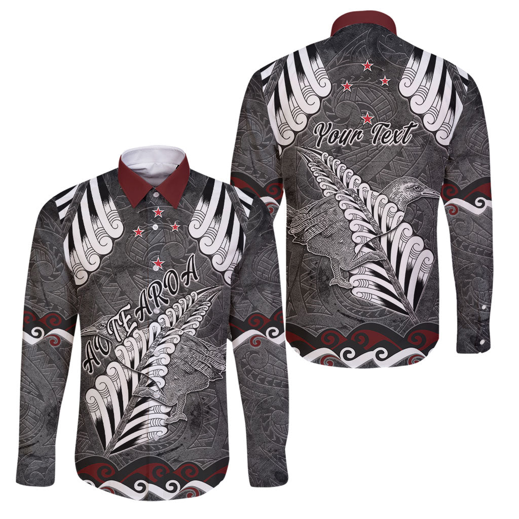 New Zealand Weka Personalised Family Matching Tank Maxi Dress and Hawaiian Shirt Aotearoa Hen Silver Fern Maori Pattern LT22 Dad's Shirt - Long Sleeve Black - Polynesian Pride