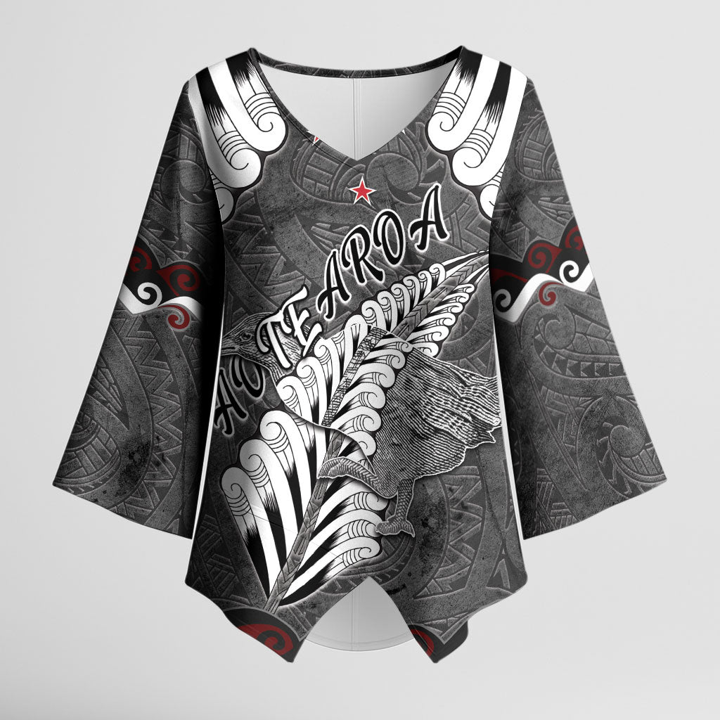 New Zealand Weka Personalised Kimono Sleeve Blouse Aotearoa Hen Silver Fern Maori Pattern LT22 Female Black - Polynesian Pride