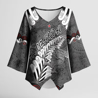 New Zealand Weka Personalised Kimono Sleeve Blouse Aotearoa Hen Silver Fern Maori Pattern LT22 Female Black - Polynesian Pride