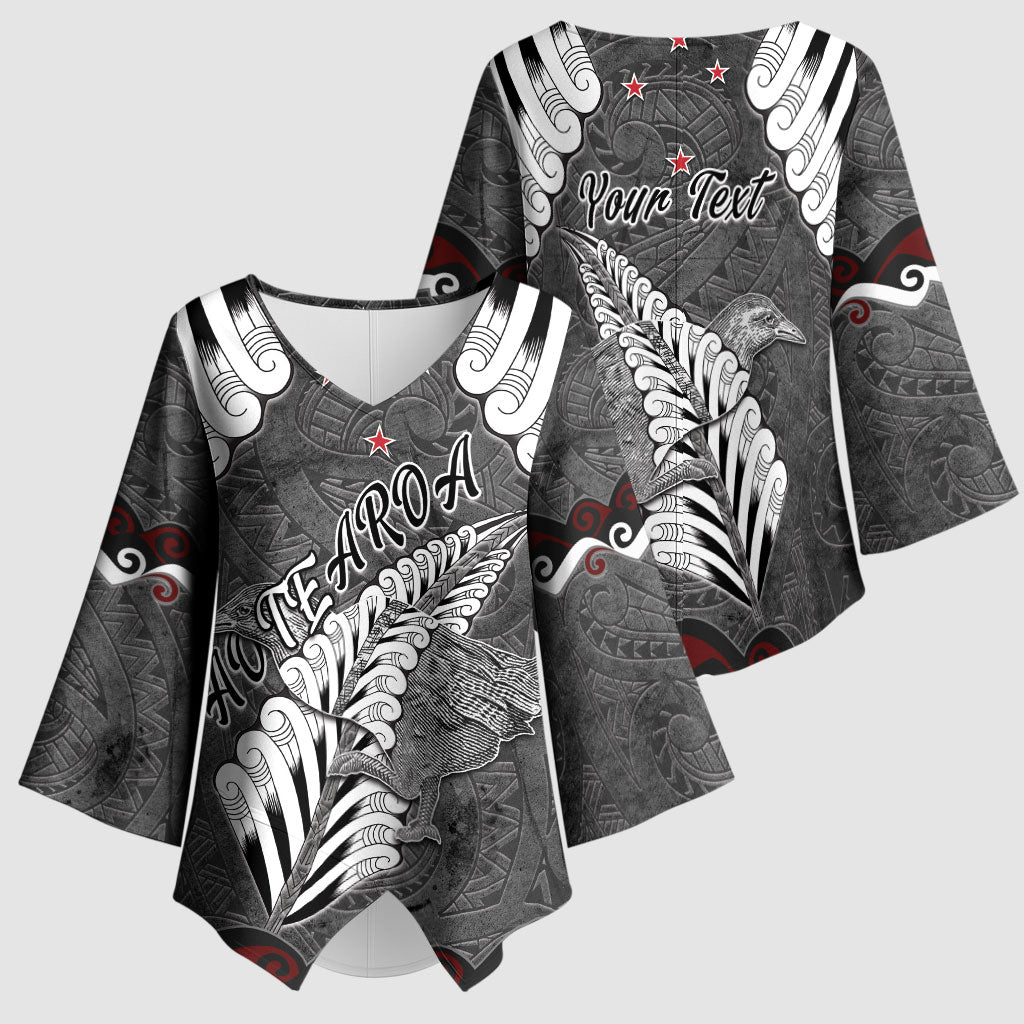 New Zealand Weka Personalised Kimono Sleeve Blouse Aotearoa Hen Silver Fern Maori Pattern LT22 - Polynesian Pride