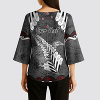 New Zealand Weka Personalised Kimono Sleeve Blouse Aotearoa Hen Silver Fern Maori Pattern LT22 - Polynesian Pride