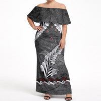 New Zealand Weka Personalised Off Shoulder Maxi Dress Aotearoa Hen Silver Fern Maori Pattern LT22 Women Black - Polynesian Pride