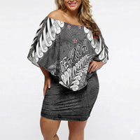 New Zealand Weka Personalised Off Shoulder Short Dress Aotearoa Hen Silver Fern Maori Pattern LT22 Women Black - Polynesian Pride