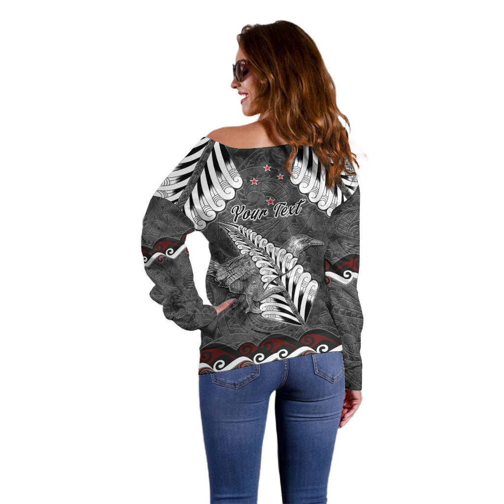 New Zealand Weka Personalised Off Shoulder Sweater Aotearoa Hen Silver Fern Maori Pattern