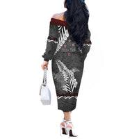 New Zealand Weka Personalised Off The Shoulder Long Sleeve Dress Aotearoa Hen Silver Fern Maori Pattern