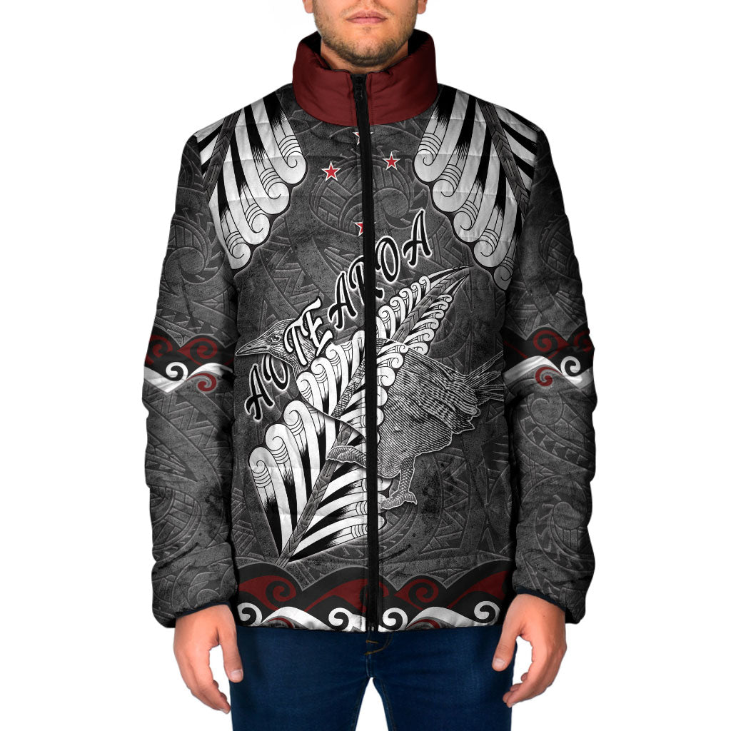 New Zealand Weka Personalised Padded Jacket Aotearoa Hen Silver Fern Maori Pattern LT22 Men Black - Polynesian Pride