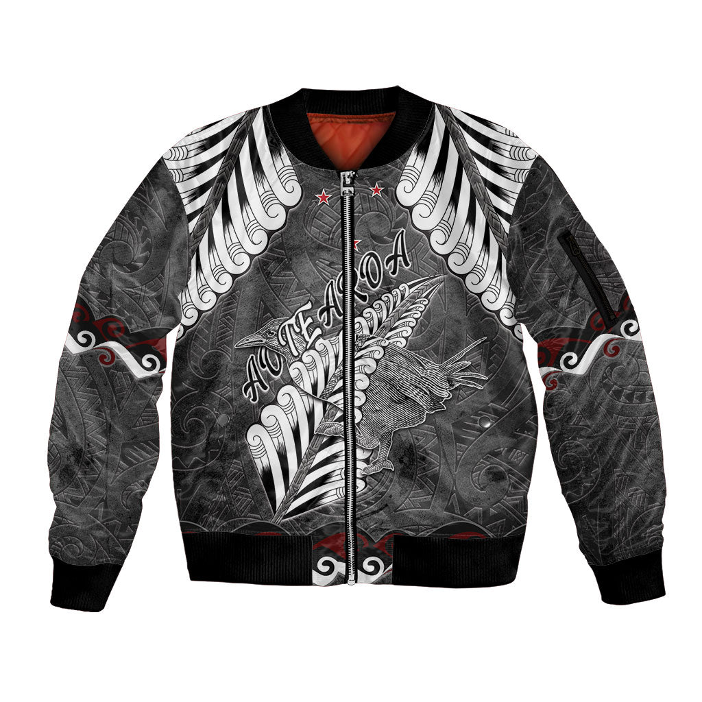 New Zealand Weka Personalised Sleeve Zip Bomber Jacket Aotearoa Hen Silver Fern Maori Pattern
