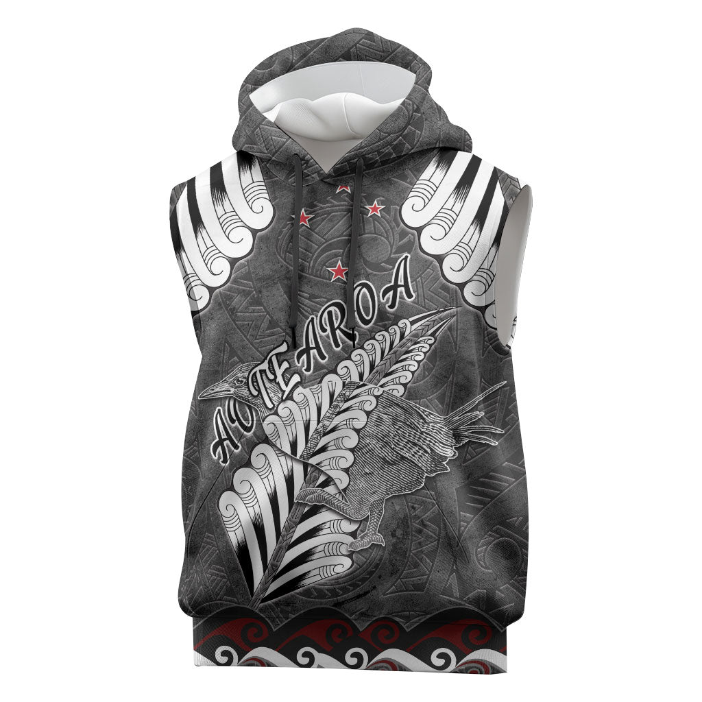 New Zealand Weka Personalised Sleeveless Hoodie Aotearoa Hen Silver Fern Maori Pattern
