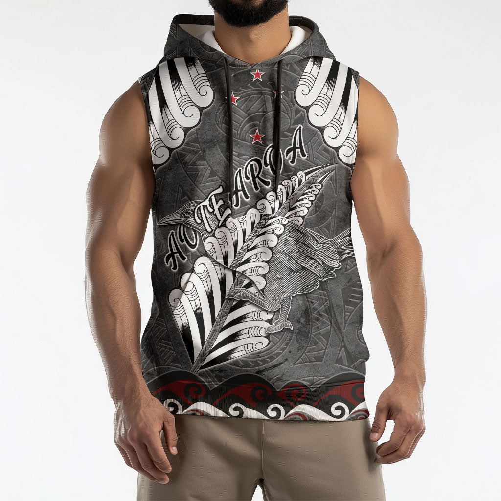 New Zealand Weka Personalised Sleeveless Hoodie Aotearoa Hen Silver Fern Maori Pattern