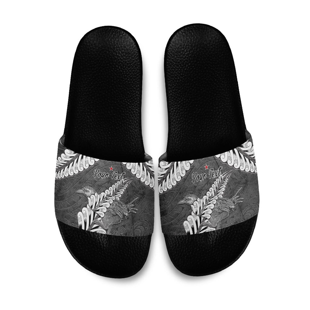 New Zealand Weka Personalised Slide Sandals Aotearoa Hen Silver Fern Maori Pattern LT22 Black - Polynesian Pride