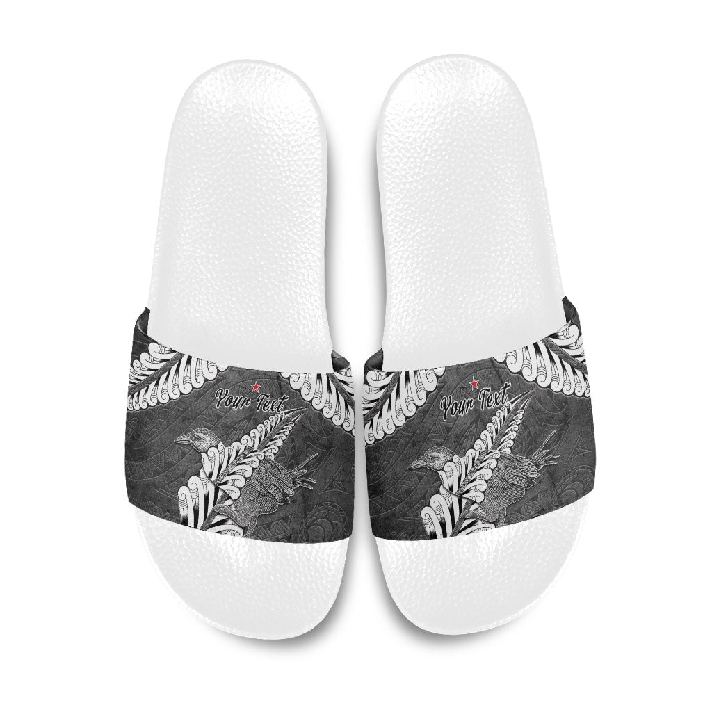 New Zealand Weka Personalised Slide Sandals Aotearoa Hen Silver Fern Maori Pattern LT22 Black - Polynesian Pride