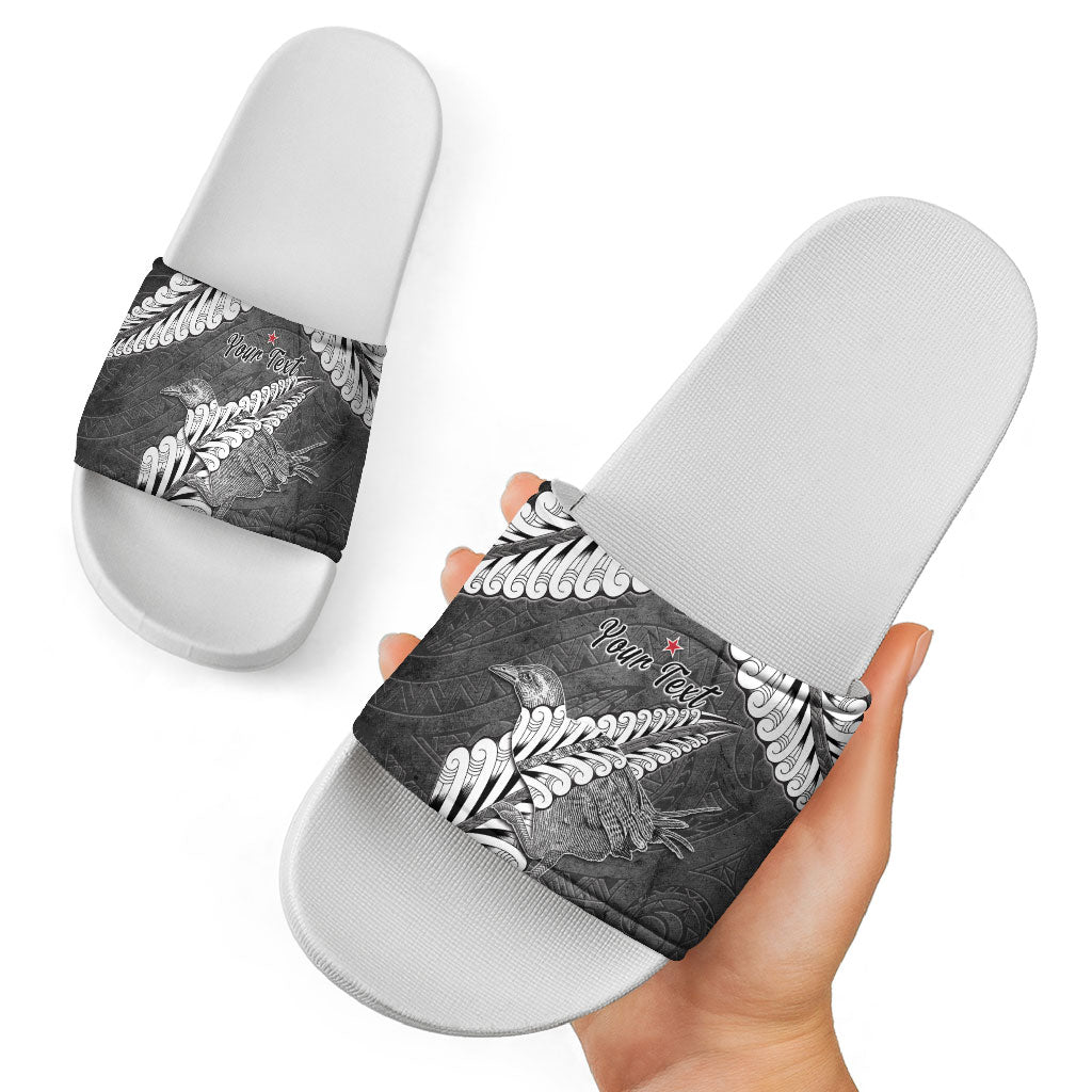 New Zealand Weka Personalised Slide Sandals Aotearoa Hen Silver Fern Maori Pattern LT22 - Polynesian Pride
