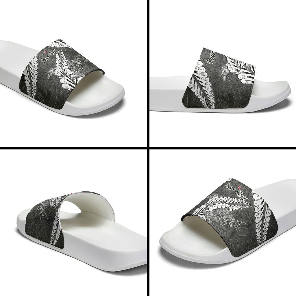 New Zealand Weka Personalised Slide Sandals Aotearoa Hen Silver Fern Maori Pattern LT22 - Polynesian Pride