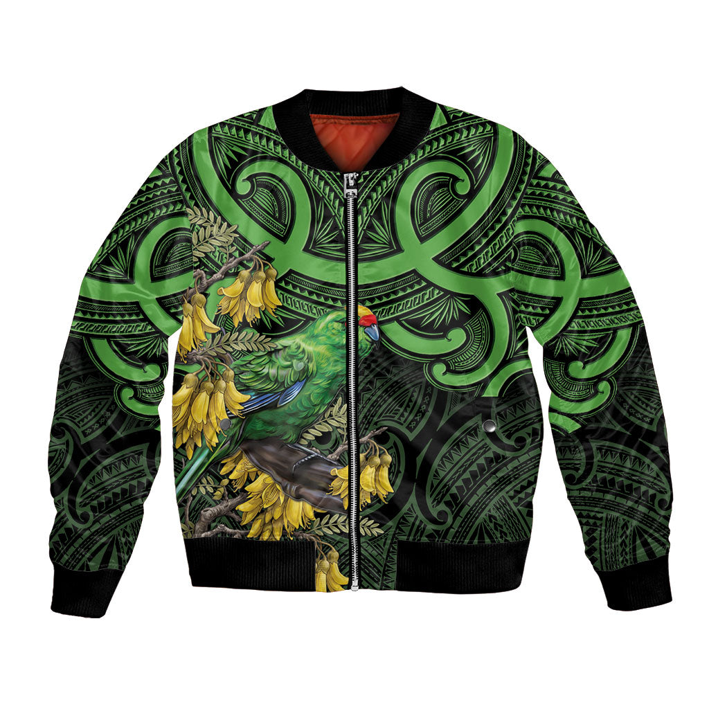 New Zealand Parakeet Bird Bomber Jacket Maori Kakariki Kowhai Maori Pattern LT22 Unisex Green - Polynesian Pride