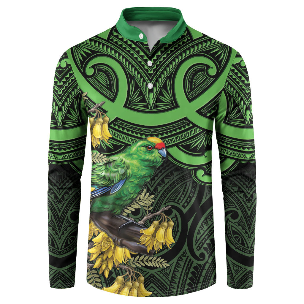 New Zealand Parakeet Bird Button Sweatshirt Maori Kakariki Kowhai Maori Pattern