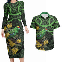 New Zealand Parakeet Bird Couples Matching Long Sleeve Bodycon Dress and Hawaiian Shirt Maori Kakariki Kowhai Maori Pattern