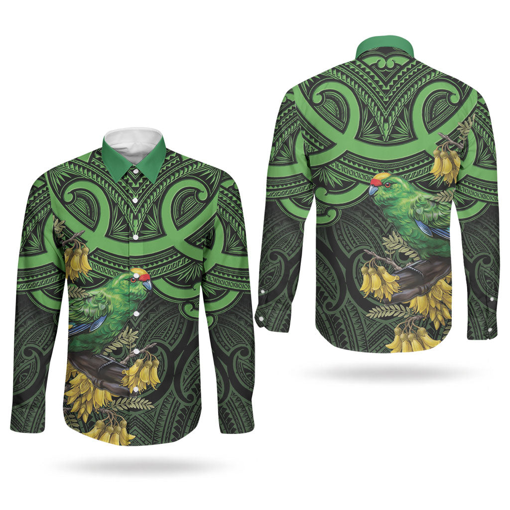 New Zealand Parakeet Bird Couples Matching Off Shoulder Maxi Dress and Long Sleeve Button Shirt Maori Kakariki Kowhai Maori Pattern