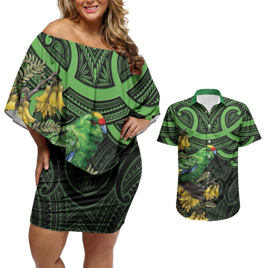New Zealand Parakeet Bird Couples Matching Off Shoulder Short Dress and Hawaiian Shirt Maori Kakariki Kowhai Maori Pattern