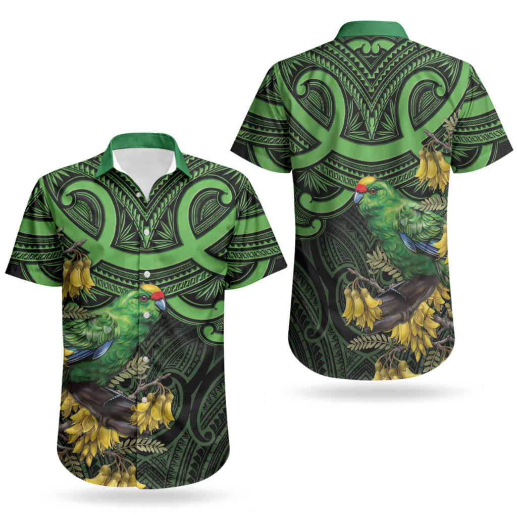New Zealand Parakeet Bird Couples Matching Off The Shoulder Long Sleeve Dress and Hawaiian Shirt Maori Kakariki Kowhai Maori Pattern
