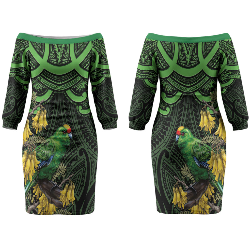 New Zealand Parakeet Bird Couples Matching Off The Shoulder Long Sleeve Dress and Long Sleeve Button Shirt Maori Kakariki Kowhai Maori Pattern