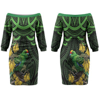 New Zealand Parakeet Bird Couples Matching Off The Shoulder Long Sleeve Dress and Long Sleeve Button Shirt Maori Kakariki Kowhai Maori Pattern