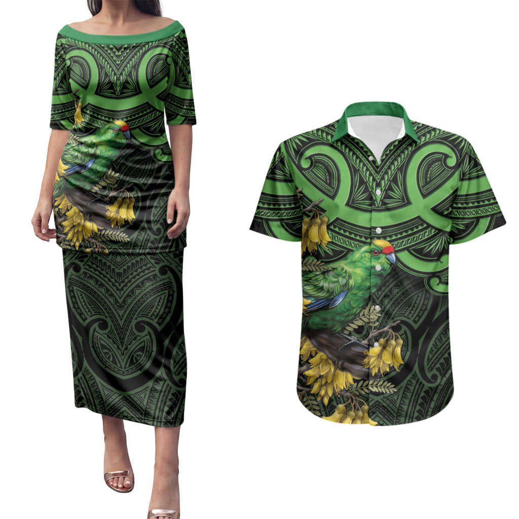 New Zealand Parakeet Bird Couples Matching Puletasi and Hawaiian Shirt Maori Kakariki Kowhai Maori Pattern LT22 Green - Polynesian Pride