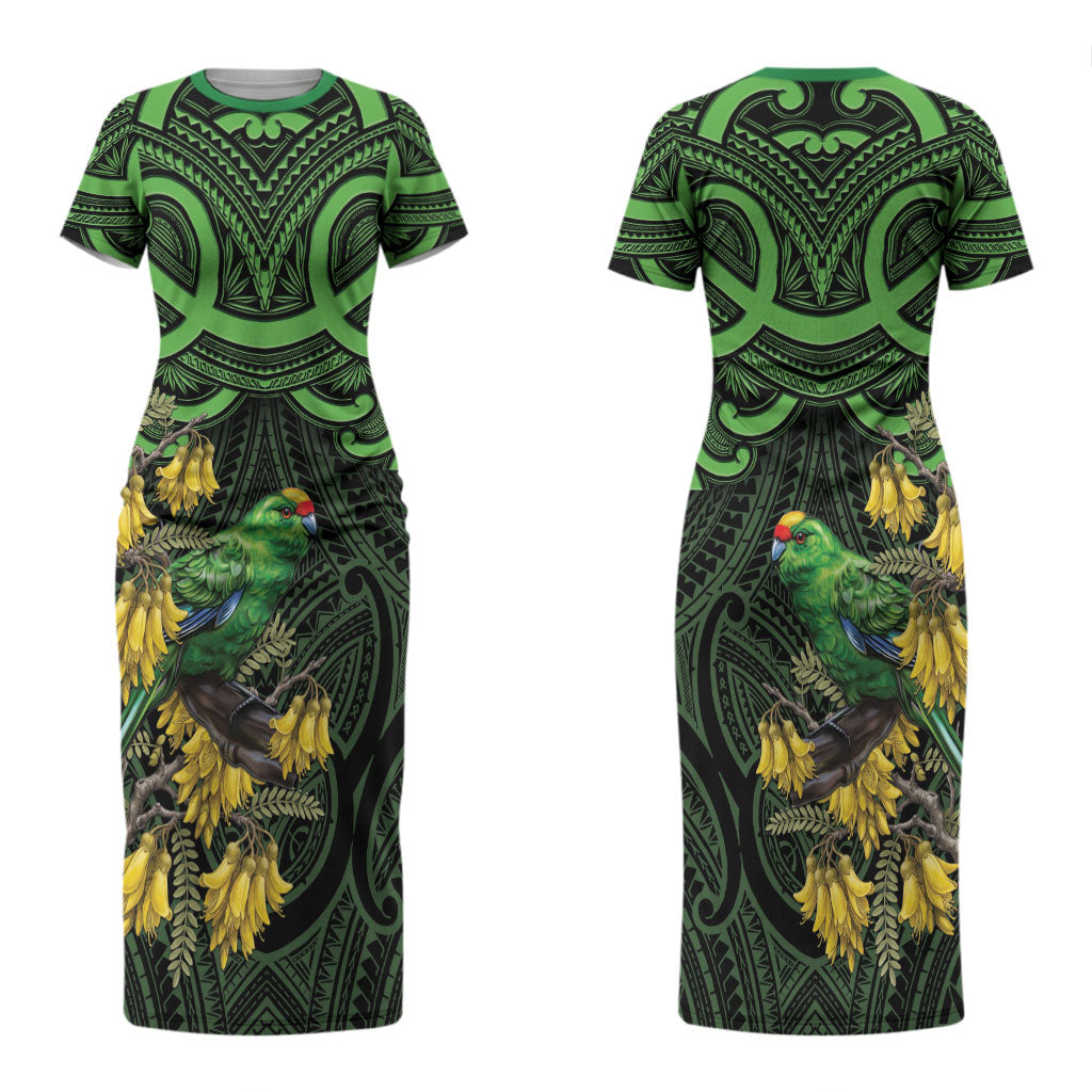 New Zealand Parakeet Bird Couples Matching Short Sleeve Bodycon Dress and Hawaiian Shirt Maori Kakariki Kowhai Maori Pattern
