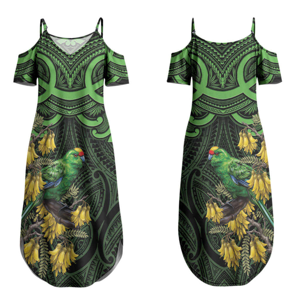 New Zealand Parakeet Bird Couples Matching Summer Maxi Dress and Hawaiian Shirt Maori Kakariki Kowhai Maori Pattern