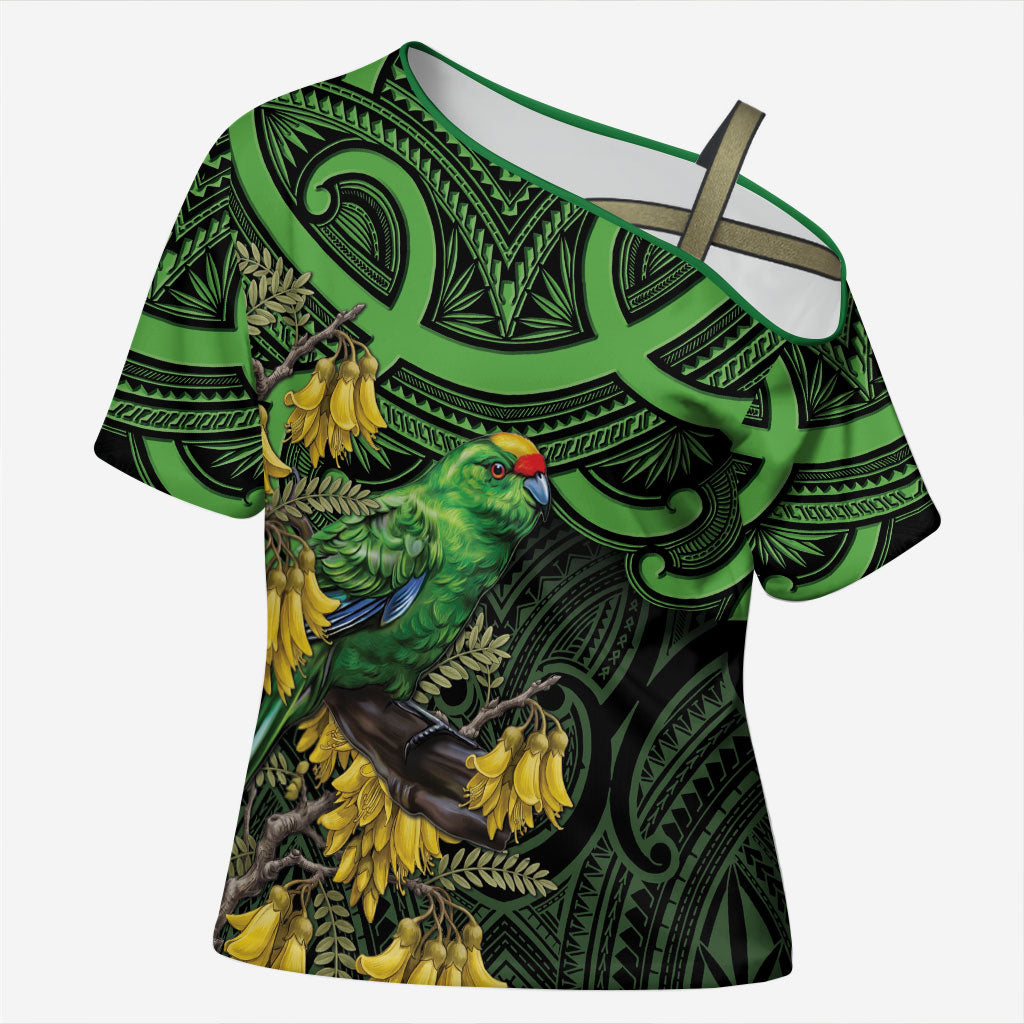 New Zealand Parakeet Bird Cross Shoulder Shirt Maori Kakariki Kowhai Maori Pattern LT22 Female Green - Polynesian Pride