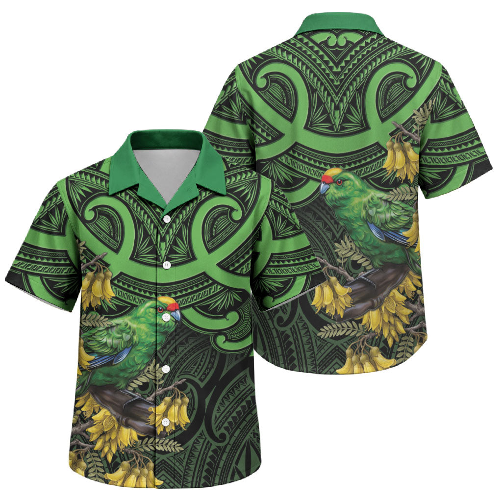 New Zealand Parakeet Bird Family Matching Off Shoulder Maxi Dress and Hawaiian Shirt Maori Kakariki Kowhai Maori Pattern