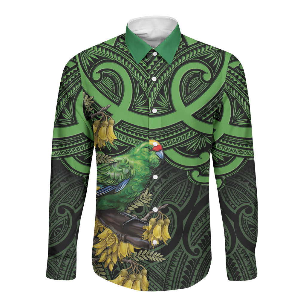 New Zealand Parakeet Bird Long Sleeve Button Shirt Maori Kakariki Kowhai Maori Pattern LT22 Unisex Green - Polynesian Pride
