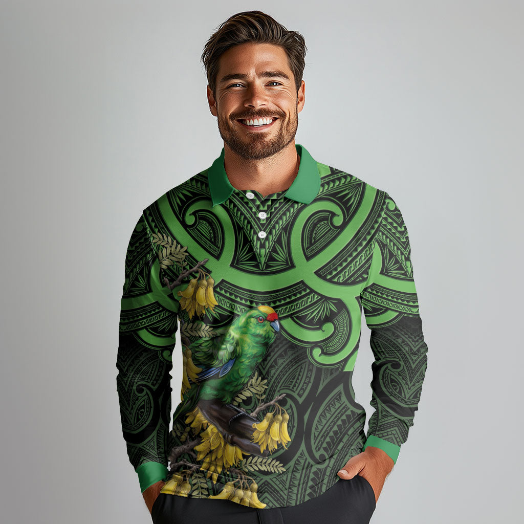 New Zealand Parakeet Bird Long Sleeve Polo Shirt Maori Kakariki Kowhai Maori Pattern