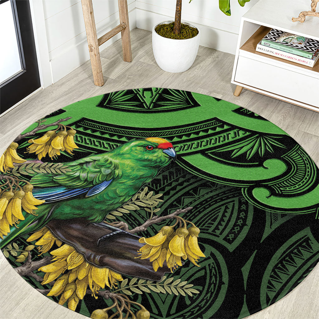 New Zealand Parakeet Bird Round Carpet Maori Kakariki Kowhai Maori Pattern LT22 Green - Polynesian Pride