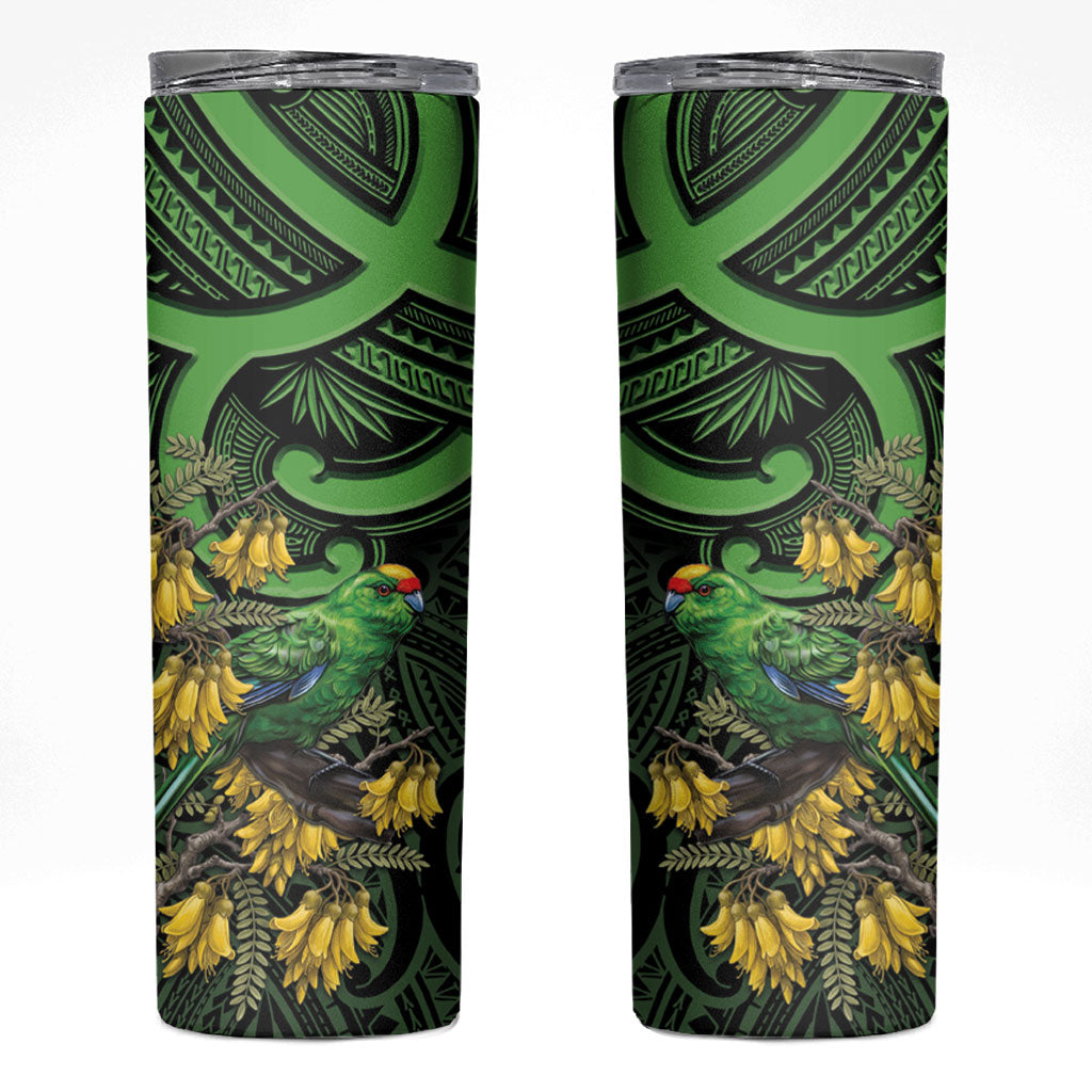 New Zealand Parakeet Bird Skinny Tumbler Maori Kakariki Kowhai Maori Pattern LT22 Green - Polynesian Pride