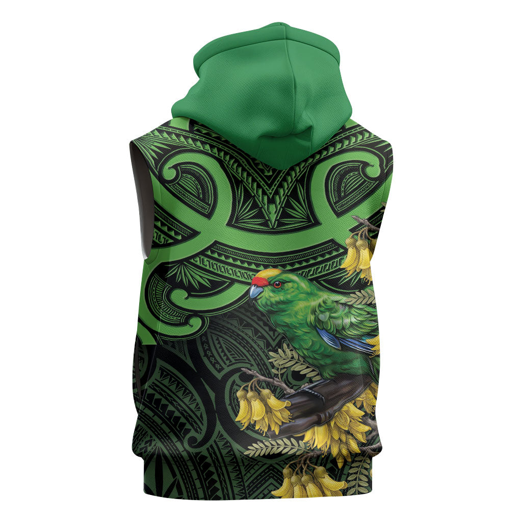 New Zealand Parakeet Bird Sleeveless Zip Hoodie Maori Kakariki Kowhai Maori Pattern