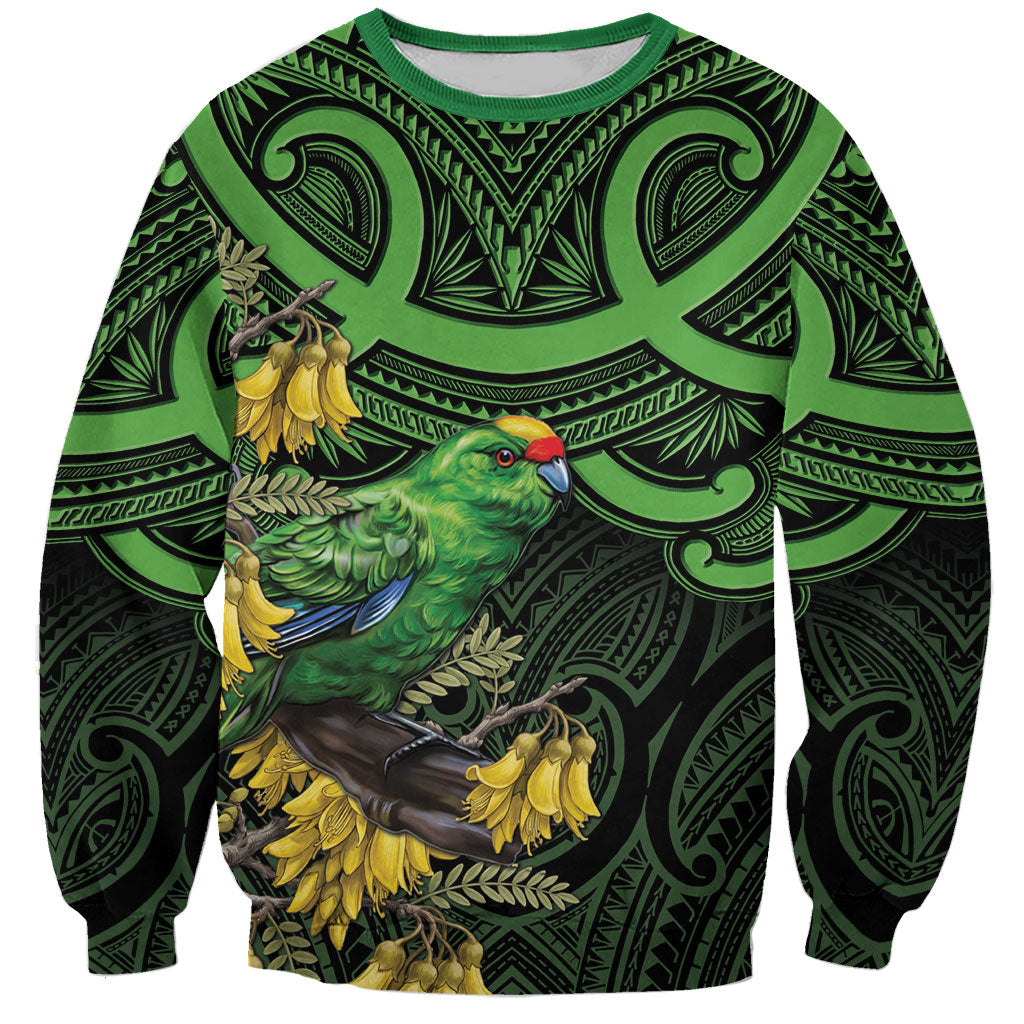 New Zealand Parakeet Bird Sweatshirt Maori Kakariki Kowhai Maori Pattern LT22 Unisex Green - Polynesian Pride