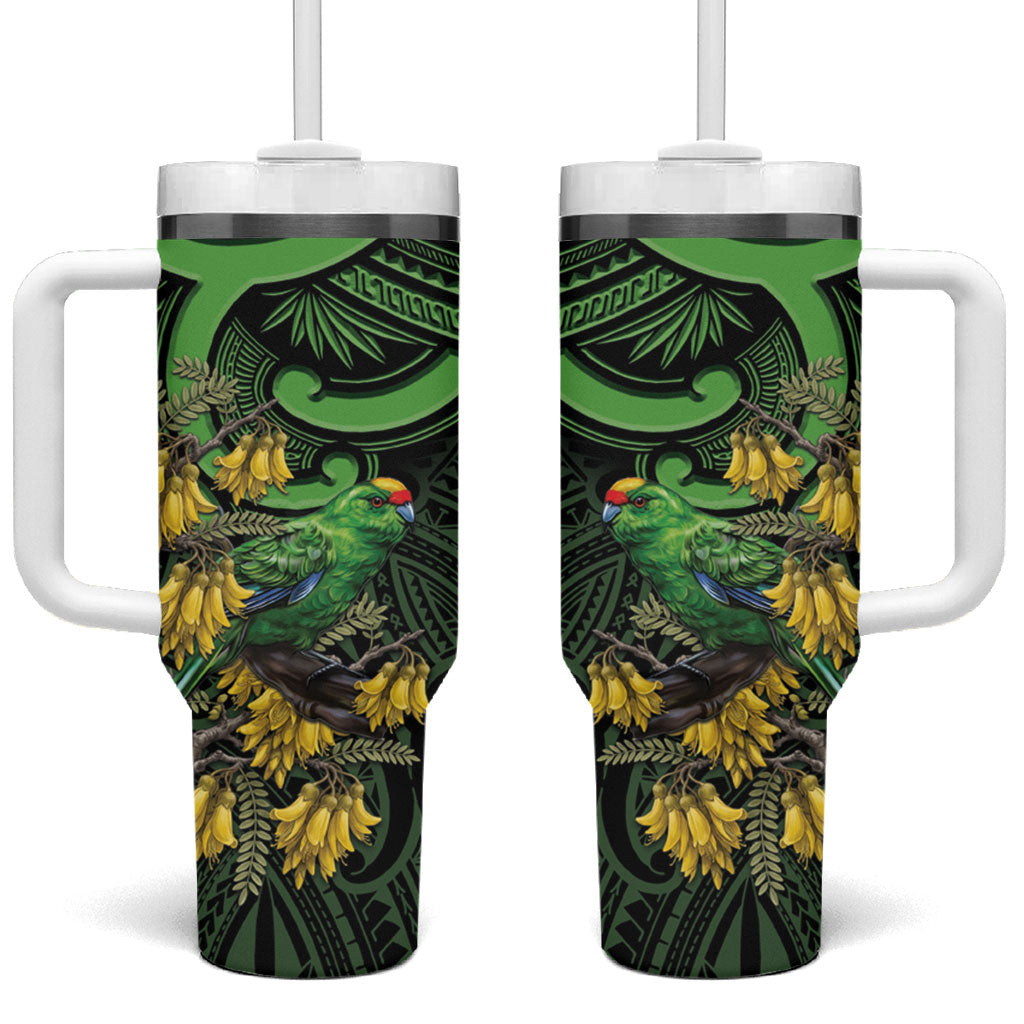 New Zealand Parakeet Bird Tumbler With Handle Maori Kakariki Kowhai Maori Pattern
